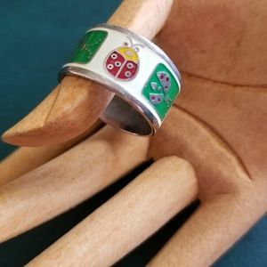 VINTAGE STERLING SILVER ENAMELED LADY BUGS RING